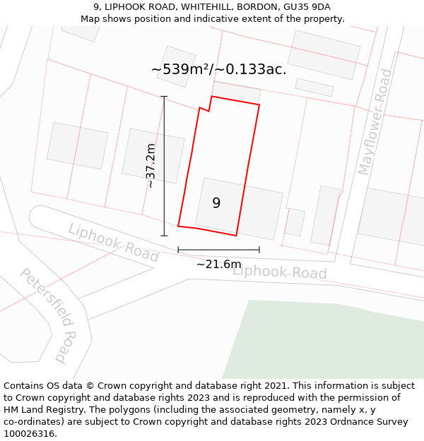 9, LIPHOOK ROAD, WHITEHILL, BORDON, GU35 9DA: Plot and title map