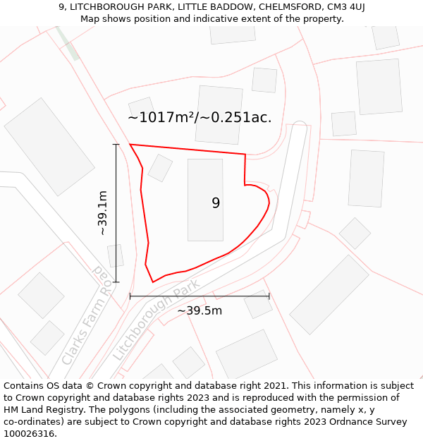 9, LITCHBOROUGH PARK, LITTLE BADDOW, CHELMSFORD, CM3 4UJ: Plot and title map