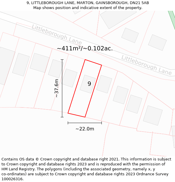 9, LITTLEBOROUGH LANE, MARTON, GAINSBOROUGH, DN21 5AB: Plot and title map