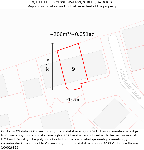 9, LITTLEFIELD CLOSE, WALTON, STREET, BA16 9LD: Plot and title map