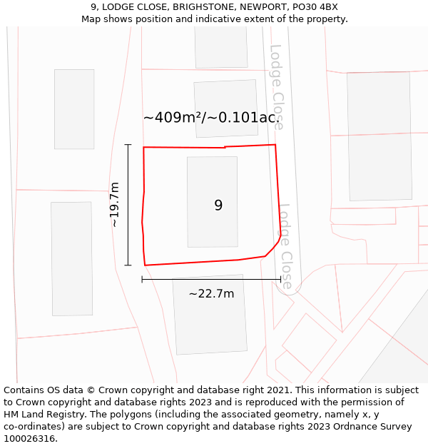 9, LODGE CLOSE, BRIGHSTONE, NEWPORT, PO30 4BX: Plot and title map