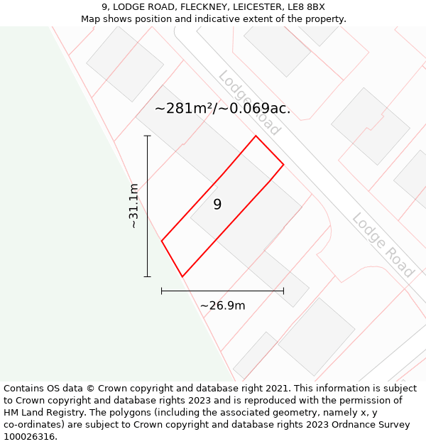 9, LODGE ROAD, FLECKNEY, LEICESTER, LE8 8BX: Plot and title map