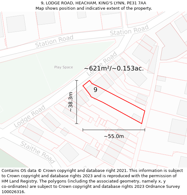 9, LODGE ROAD, HEACHAM, KING'S LYNN, PE31 7AA: Plot and title map