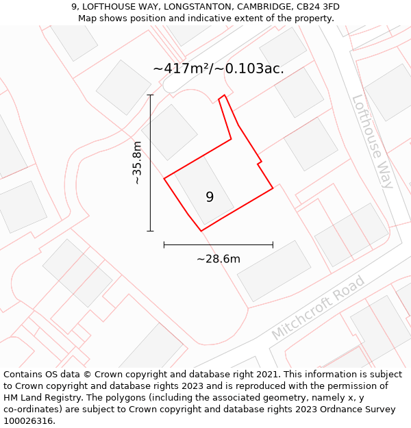 9, LOFTHOUSE WAY, LONGSTANTON, CAMBRIDGE, CB24 3FD: Plot and title map