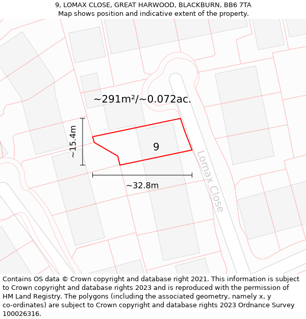 9, LOMAX CLOSE, GREAT HARWOOD, BLACKBURN, BB6 7TA: Plot and title map
