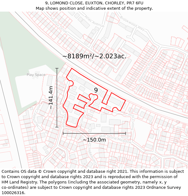 9, LOMOND CLOSE, EUXTON, CHORLEY, PR7 6FU: Plot and title map