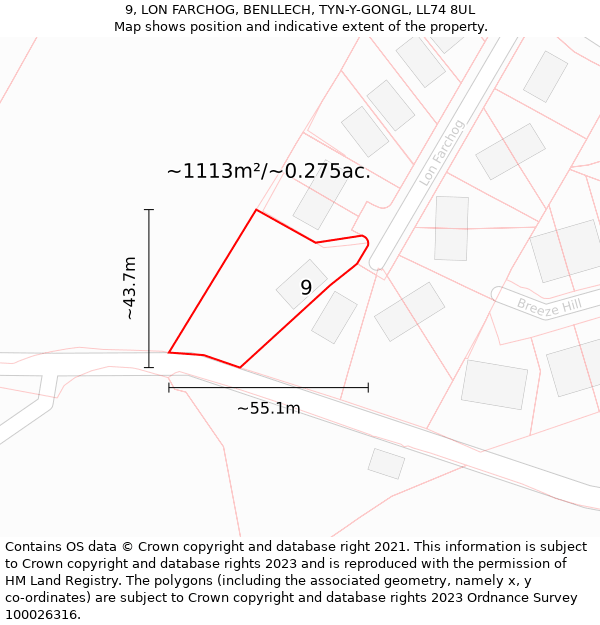 9, LON FARCHOG, BENLLECH, TYN-Y-GONGL, LL74 8UL: Plot and title map