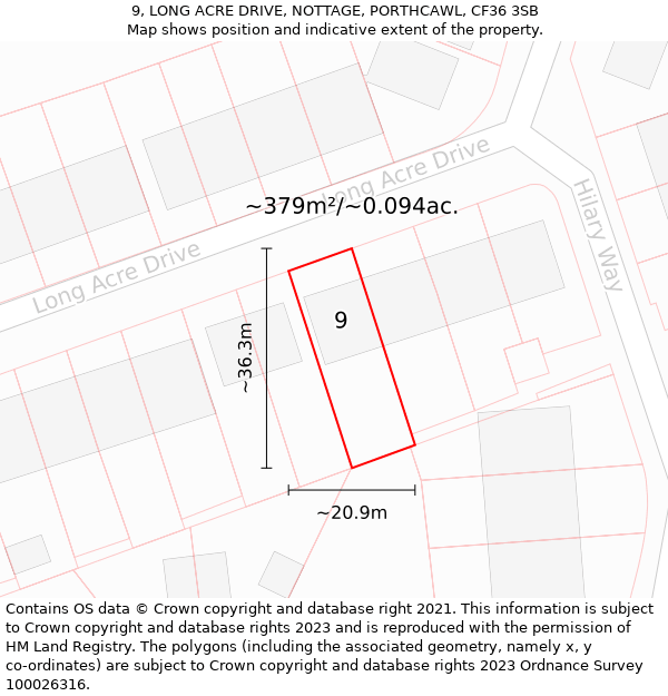 9, LONG ACRE DRIVE, NOTTAGE, PORTHCAWL, CF36 3SB: Plot and title map