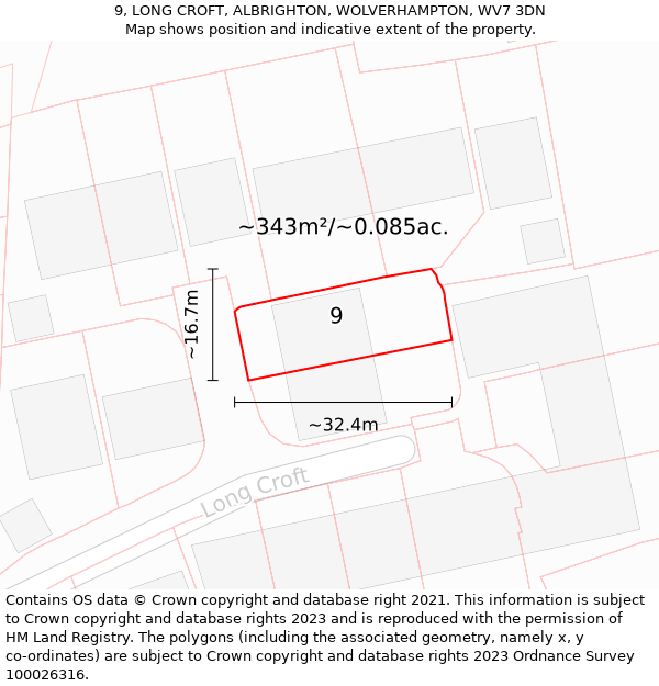 9, LONG CROFT, ALBRIGHTON, WOLVERHAMPTON, WV7 3DN: Plot and title map