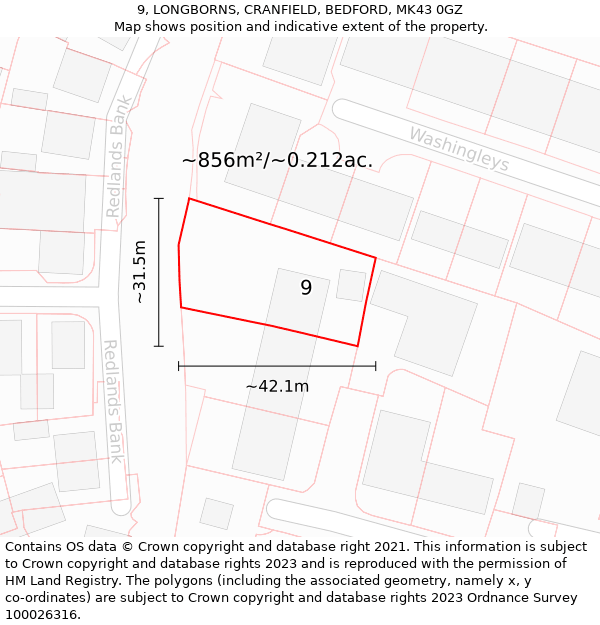 9, LONGBORNS, CRANFIELD, BEDFORD, MK43 0GZ: Plot and title map