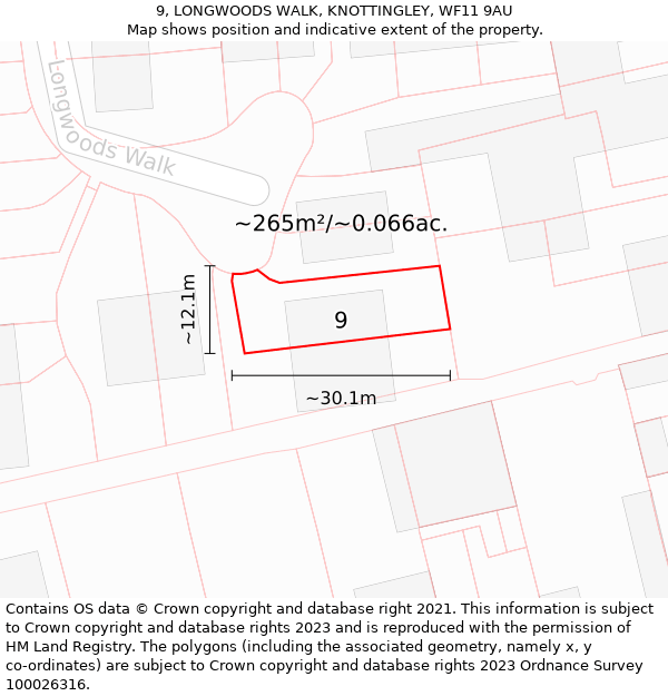 9, LONGWOODS WALK, KNOTTINGLEY, WF11 9AU: Plot and title map