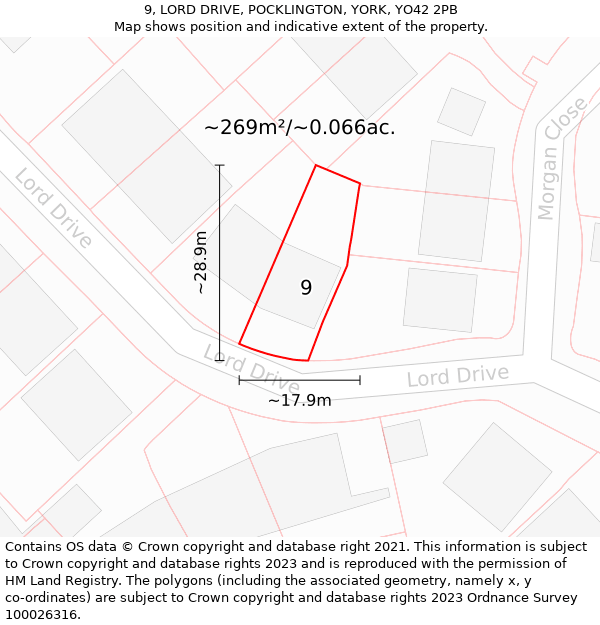 9, LORD DRIVE, POCKLINGTON, YORK, YO42 2PB: Plot and title map