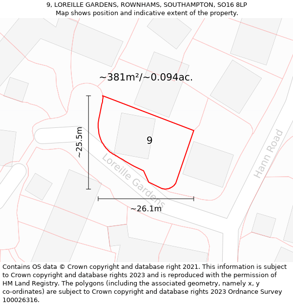 9, LOREILLE GARDENS, ROWNHAMS, SOUTHAMPTON, SO16 8LP: Plot and title map