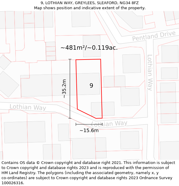 9, LOTHIAN WAY, GREYLEES, SLEAFORD, NG34 8FZ: Plot and title map