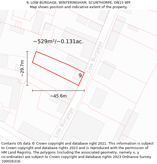 9, LOW BURGAGE, WINTERINGHAM, SCUNTHORPE, DN15 9PF: Plot and title map