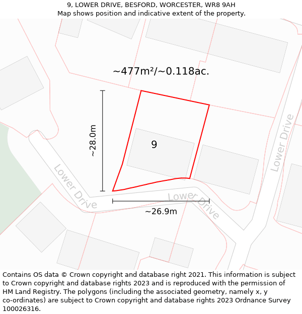 9, LOWER DRIVE, BESFORD, WORCESTER, WR8 9AH: Plot and title map