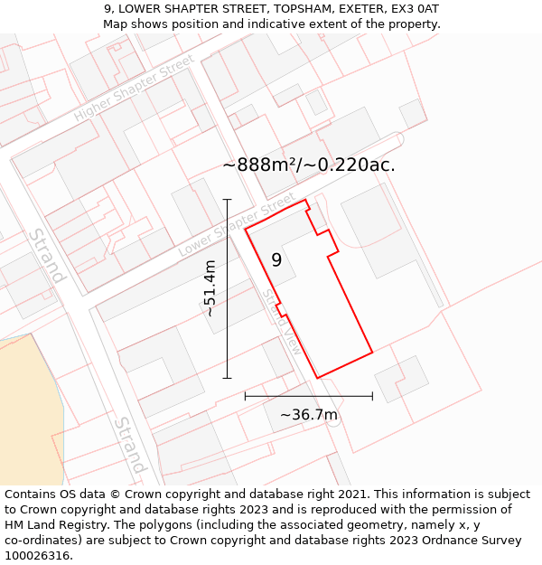 9, LOWER SHAPTER STREET, TOPSHAM, EXETER, EX3 0AT: Plot and title map