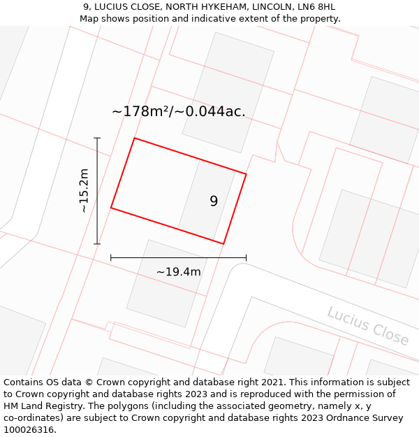 9, LUCIUS CLOSE, NORTH HYKEHAM, LINCOLN, LN6 8HL: Plot and title map