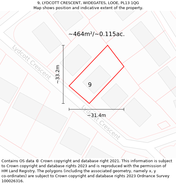 9, LYDCOTT CRESCENT, WIDEGATES, LOOE, PL13 1QG: Plot and title map