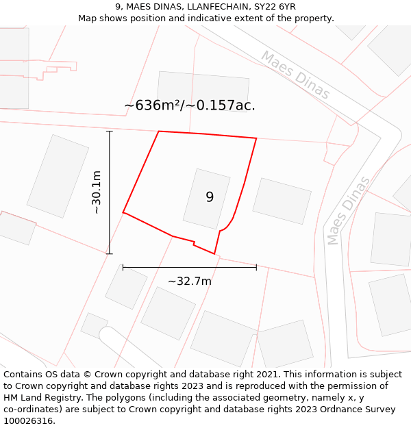 9, MAES DINAS, LLANFECHAIN, SY22 6YR: Plot and title map