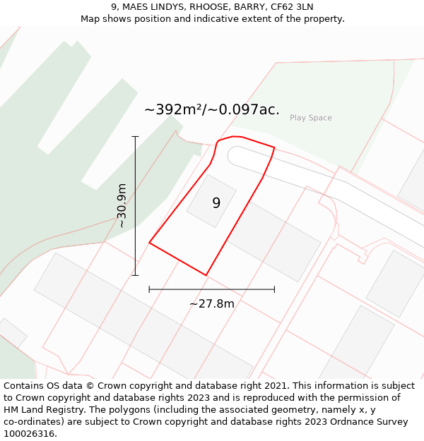 9, MAES LINDYS, RHOOSE, BARRY, CF62 3LN: Plot and title map