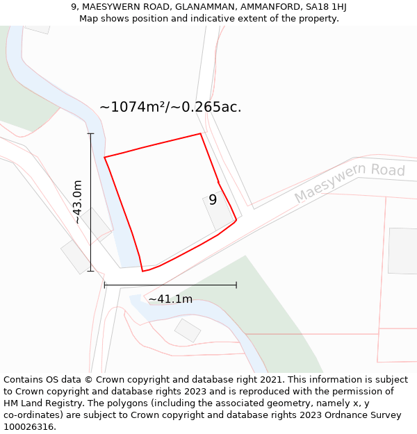 9, MAESYWERN ROAD, GLANAMMAN, AMMANFORD, SA18 1HJ: Plot and title map