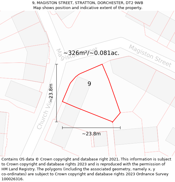 9, MAGISTON STREET, STRATTON, DORCHESTER, DT2 9WB: Plot and title map