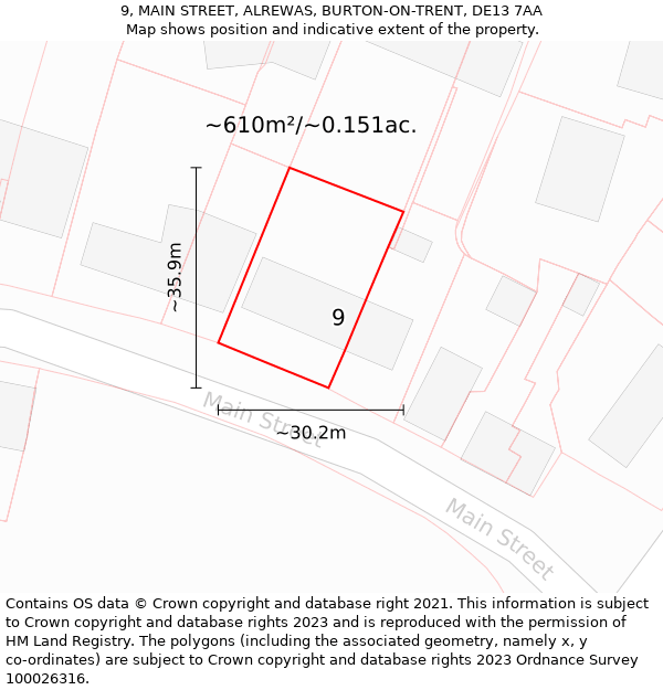 9, MAIN STREET, ALREWAS, BURTON-ON-TRENT, DE13 7AA: Plot and title map