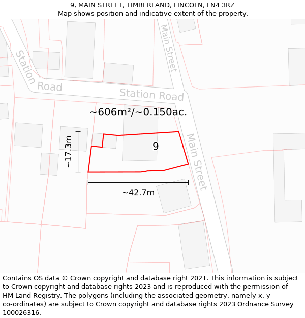 9, MAIN STREET, TIMBERLAND, LINCOLN, LN4 3RZ: Plot and title map