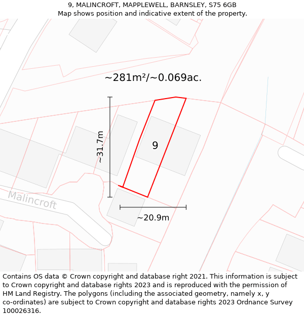 9, MALINCROFT, MAPPLEWELL, BARNSLEY, S75 6GB: Plot and title map