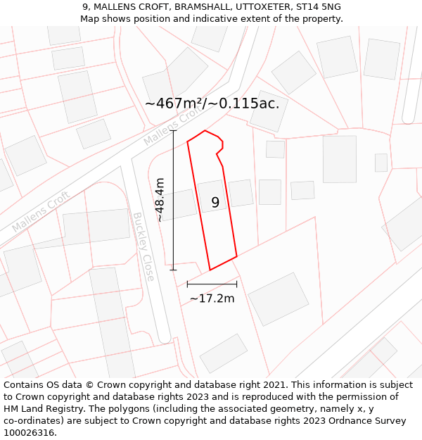 9, MALLENS CROFT, BRAMSHALL, UTTOXETER, ST14 5NG: Plot and title map