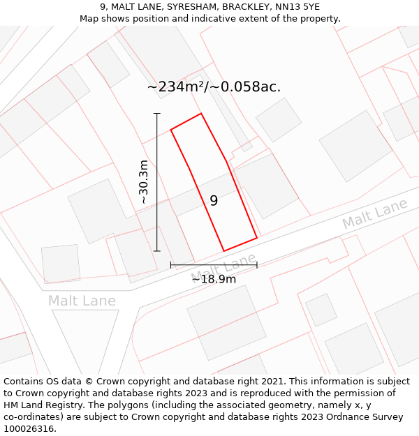 9, MALT LANE, SYRESHAM, BRACKLEY, NN13 5YE: Plot and title map