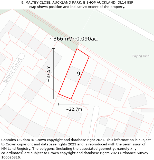 9, MALTBY CLOSE, AUCKLAND PARK, BISHOP AUCKLAND, DL14 8SF: Plot and title map