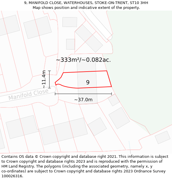 9, MANIFOLD CLOSE, WATERHOUSES, STOKE-ON-TRENT, ST10 3HH: Plot and title map
