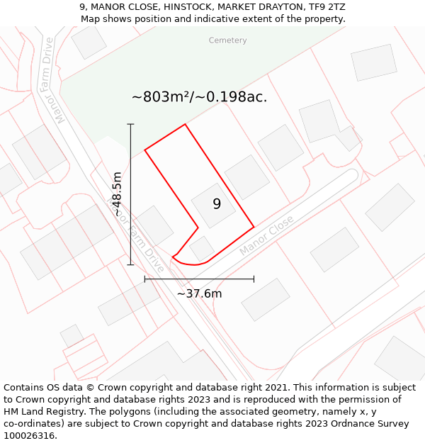 9, MANOR CLOSE, HINSTOCK, MARKET DRAYTON, TF9 2TZ: Plot and title map