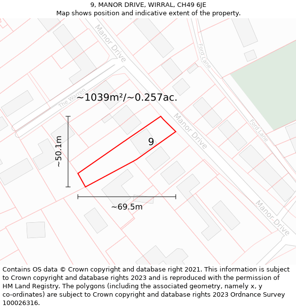 9, MANOR DRIVE, WIRRAL, CH49 6JE: Plot and title map