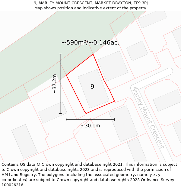 9, MARLEY MOUNT CRESCENT, MARKET DRAYTON, TF9 3PJ: Plot and title map