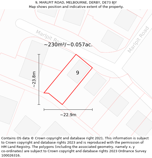 9, MARLPIT ROAD, MELBOURNE, DERBY, DE73 8JY: Plot and title map