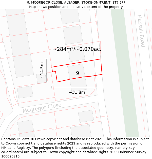 9, MCGREGOR CLOSE, ALSAGER, STOKE-ON-TRENT, ST7 2FF: Plot and title map