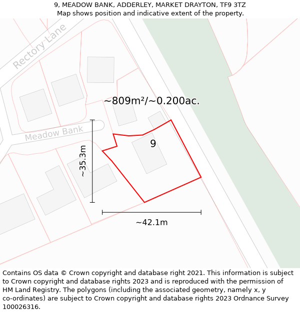 9, MEADOW BANK, ADDERLEY, MARKET DRAYTON, TF9 3TZ: Plot and title map