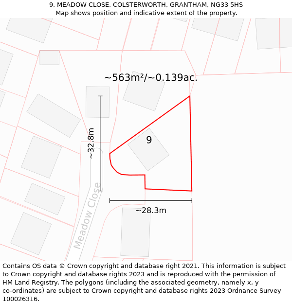 9, MEADOW CLOSE, COLSTERWORTH, GRANTHAM, NG33 5HS: Plot and title map