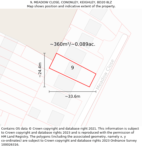 9, MEADOW CLOSE, CONONLEY, KEIGHLEY, BD20 8LZ: Plot and title map