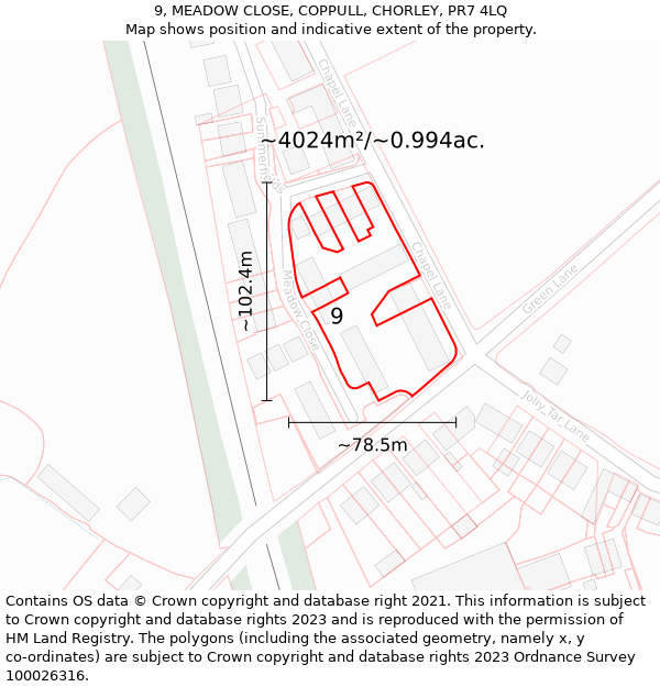 9, MEADOW CLOSE, COPPULL, CHORLEY, PR7 4LQ: Plot and title map