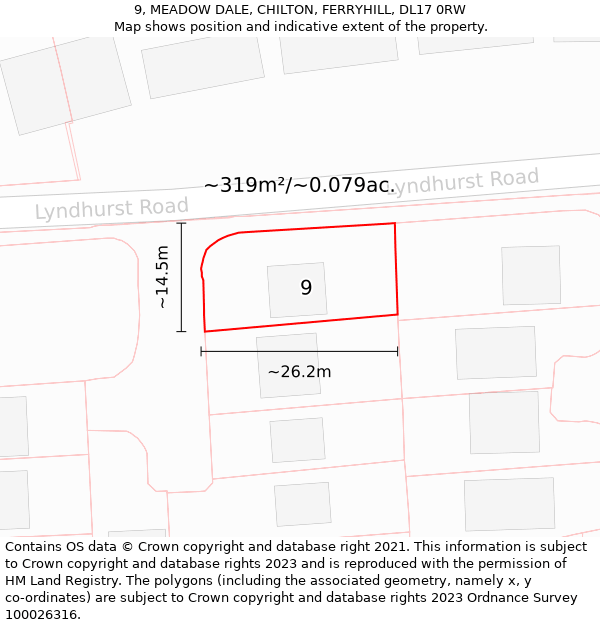 9, MEADOW DALE, CHILTON, FERRYHILL, DL17 0RW: Plot and title map