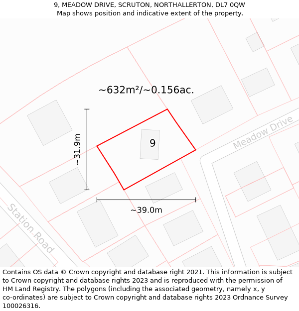 9, MEADOW DRIVE, SCRUTON, NORTHALLERTON, DL7 0QW: Plot and title map