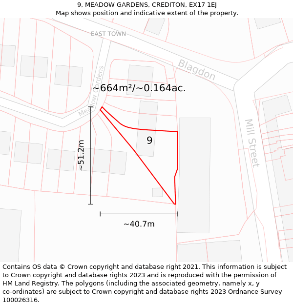 9, MEADOW GARDENS, CREDITON, EX17 1EJ: Plot and title map