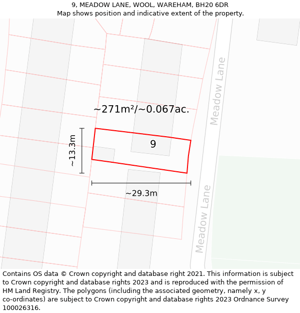 9, MEADOW LANE, WOOL, WAREHAM, BH20 6DR: Plot and title map