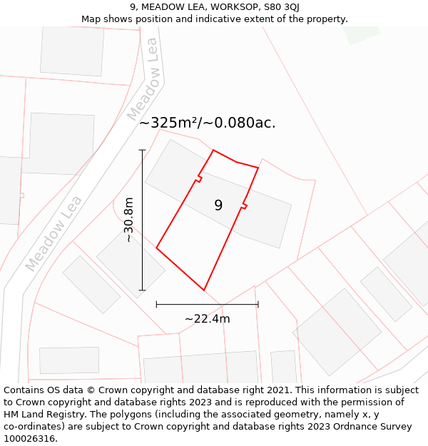 9, MEADOW LEA, WORKSOP, S80 3QJ: Plot and title map