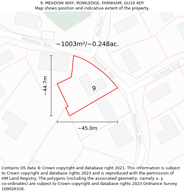 9, MEADOW WAY, ROWLEDGE, FARNHAM, GU10 4DY: Plot and title map