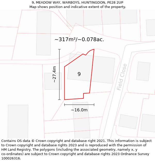 9, MEADOW WAY, WARBOYS, HUNTINGDON, PE28 2UP: Plot and title map